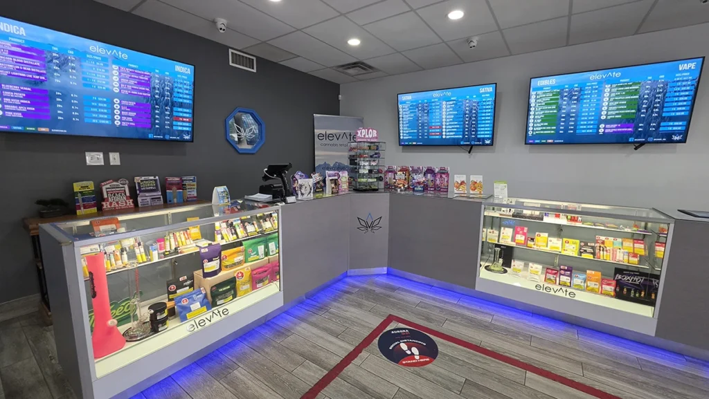 Product shelves at an Elevate cannabis store