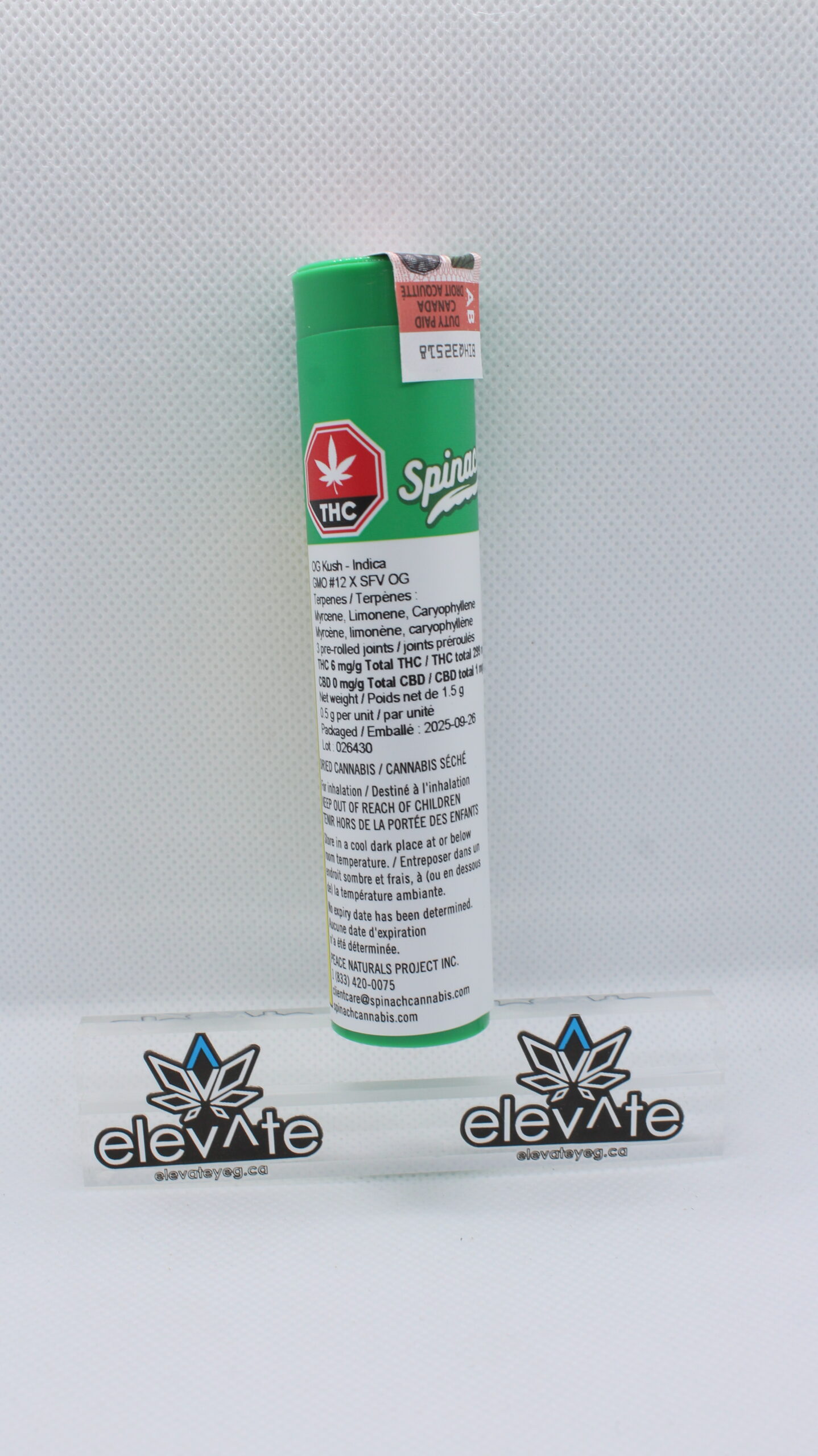 Spinach OG Kush Pre Rolls 3 x 0.5g - Indica pre-roll at Elevate Cannabis Co., Edmonton