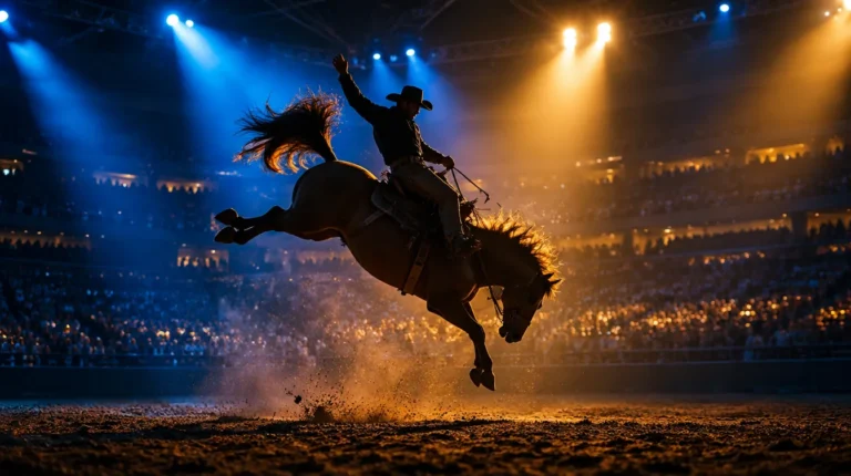 Canadian Finals Rodeo 2026 in Edmonton: bronc rider under arena lights at Rogers Place