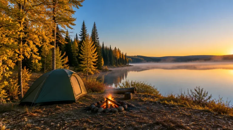 Fall camping near Edmonton: tent and campfire on a lakeshore with golden aspens west of the city