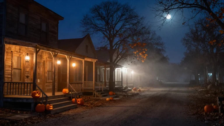 Halloween in Edmonton: jack-o-lanterns glowing on the porches of a historic street on a foggy October night
