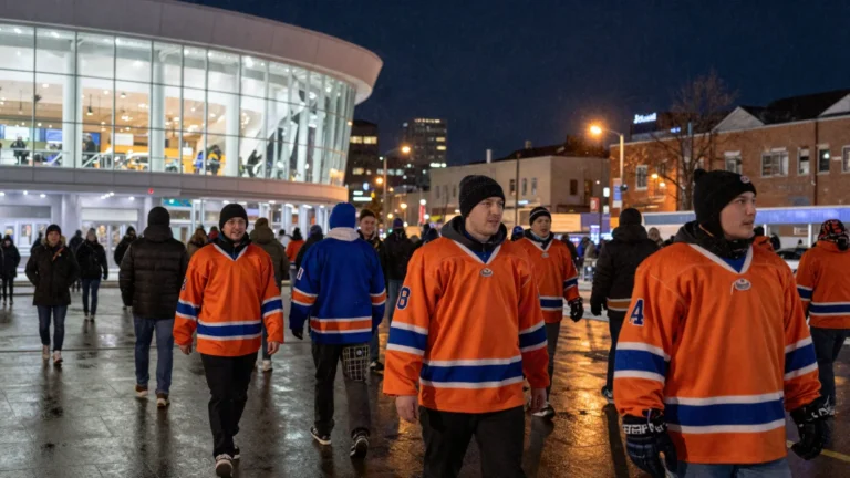Oilers game day in Edmonton: hockey fans in orange and blue jerseys heading to the arena downtown at night