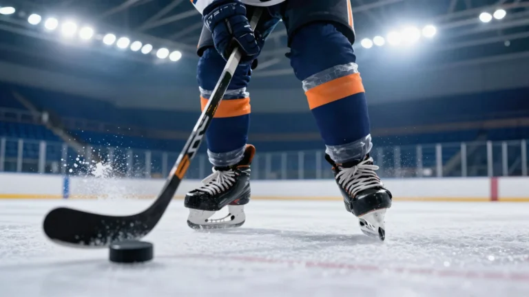Oilers game day: hockey skates, stick and puck on the ice under arena lights